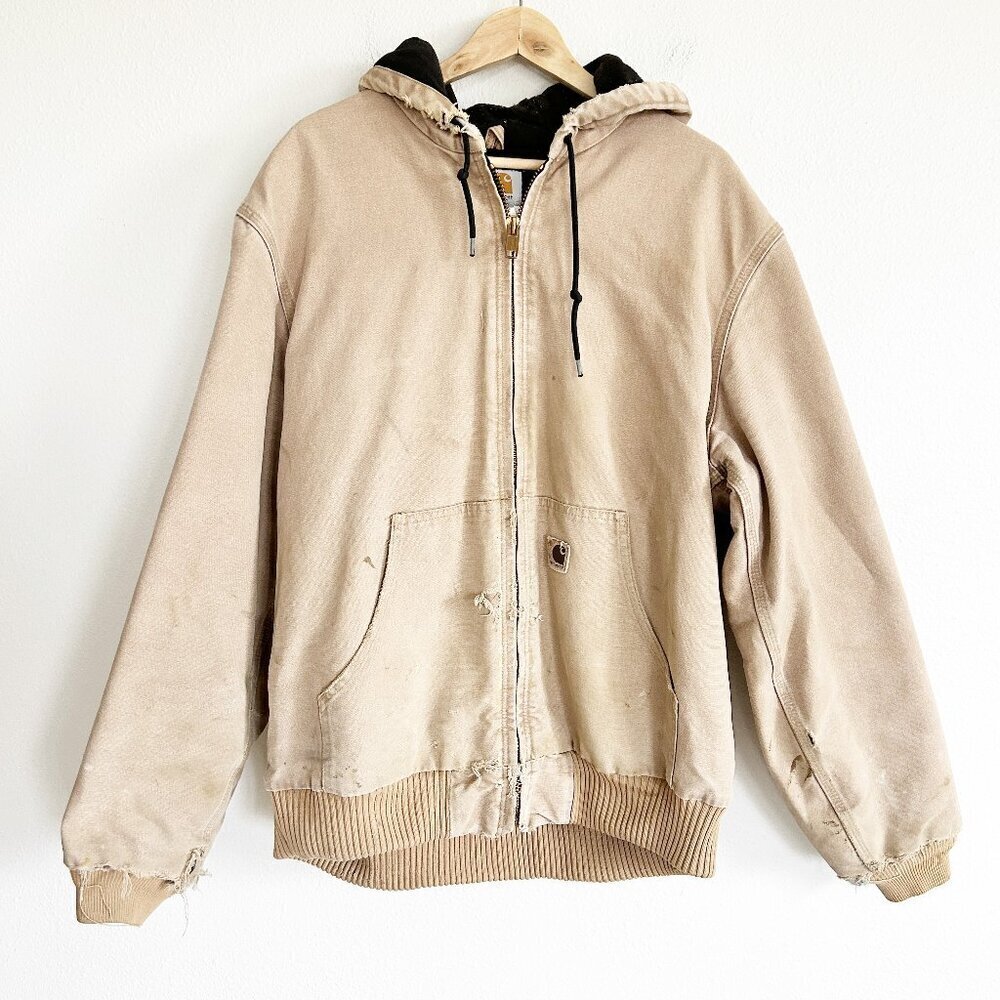 Vintage Carhartt Coat Men LT J130 Quilt Lined Hooded Jacket Thrashed Destroyed